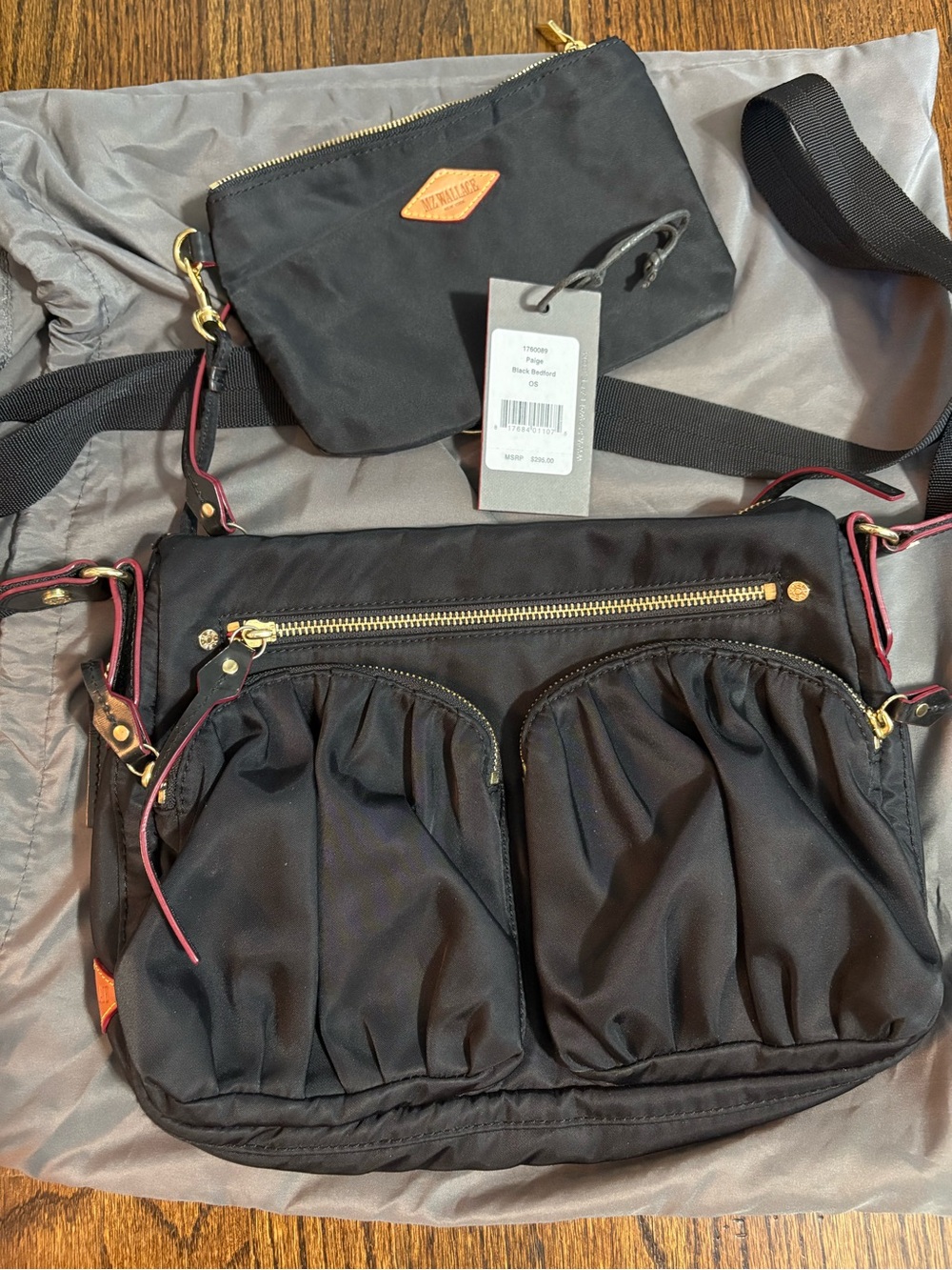 MZ Wallace Black Nylon Crossbody with Gold Hardware and Red Trim - Picture 1 of 8